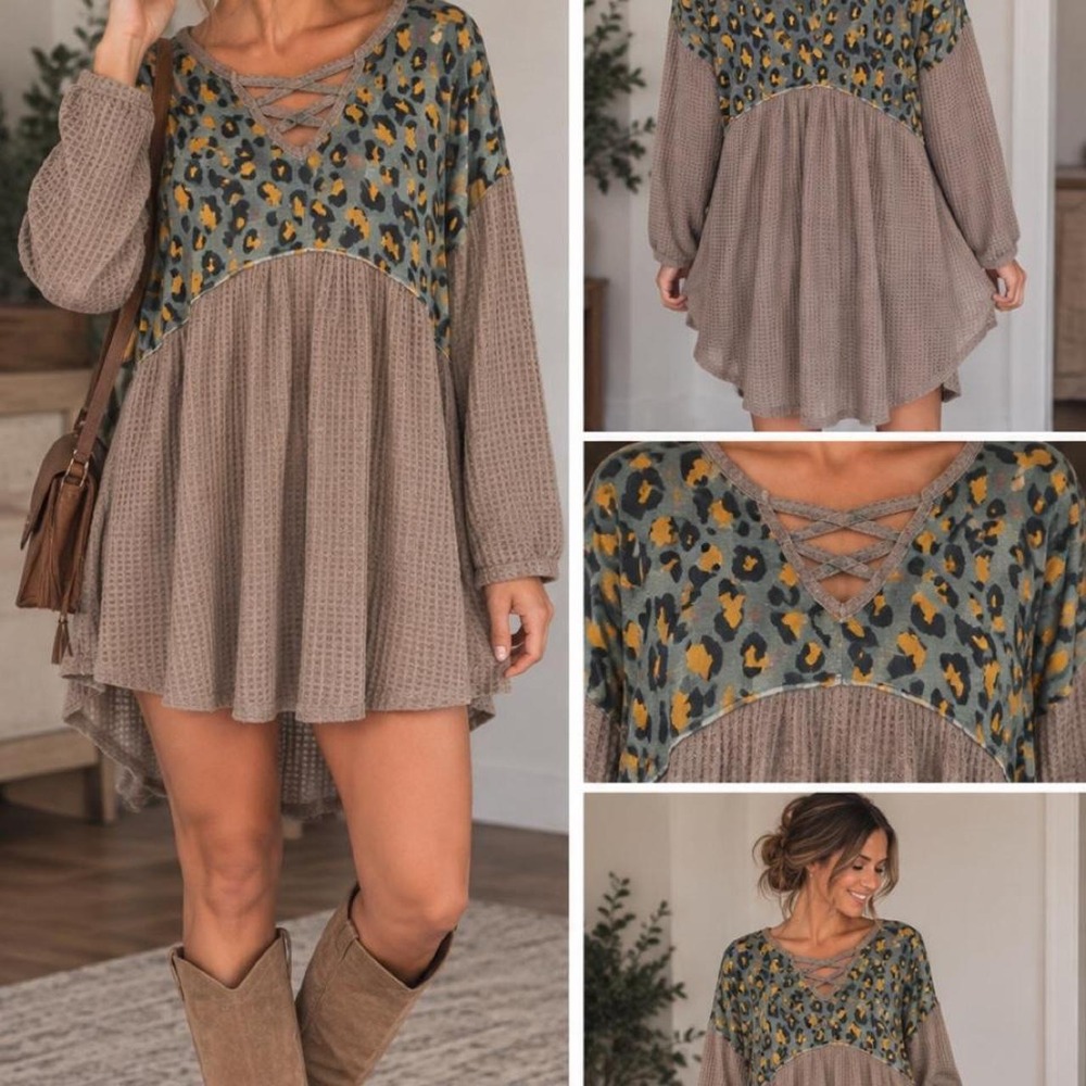 🍂 Umgee Leopard Print Waffle Knit Tunic Dress | Size S | NWT